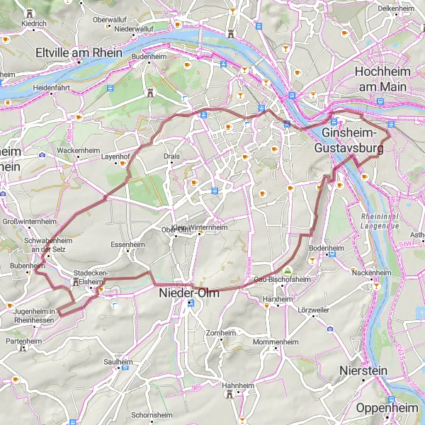 Map miniature of "Gravel Delight" cycling inspiration in Darmstadt, Germany. Generated by Tarmacs.app cycling route planner