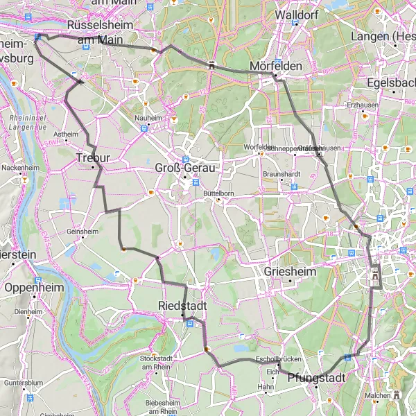 Map miniature of "Bischofsheim Loop" cycling inspiration in Darmstadt, Germany. Generated by Tarmacs.app cycling route planner