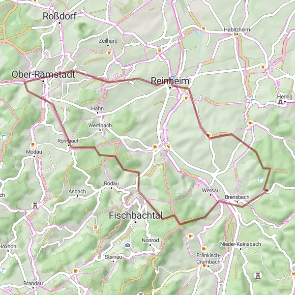 Map miniature of "Gravel Adventure to Einspacher Höhe" cycling inspiration in Darmstadt, Germany. Generated by Tarmacs.app cycling route planner