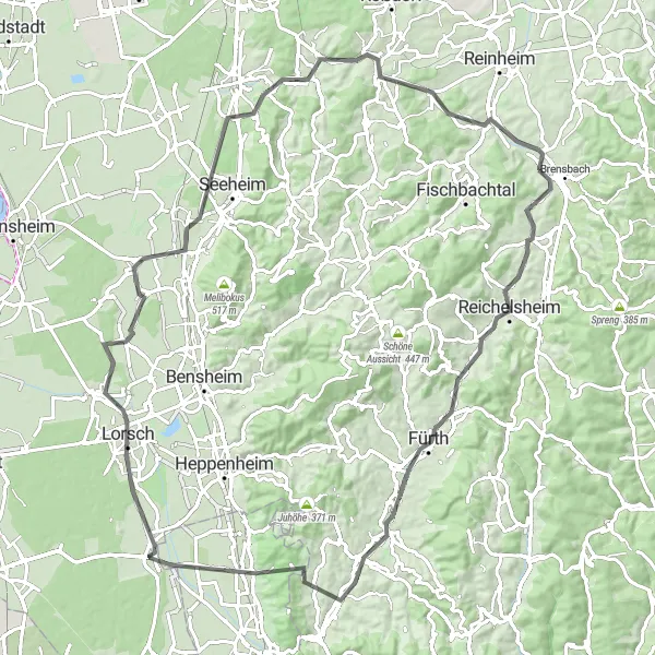 Map miniature of "Road Cycling through the Heart of the Odenwald" cycling inspiration in Darmstadt, Germany. Generated by Tarmacs.app cycling route planner