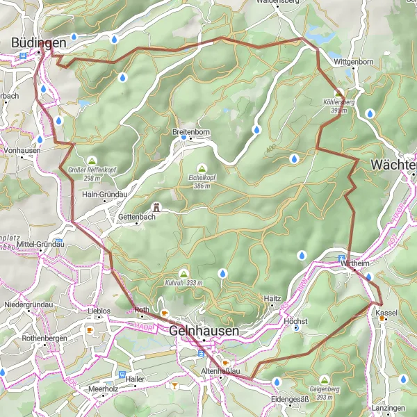 Karten-Miniaturansicht der Radinspiration "Gravelabenteuer durch die Natur rund um Büdingen" in Darmstadt, Germany. Erstellt vom Tarmacs.app-Routenplaner für Radtouren