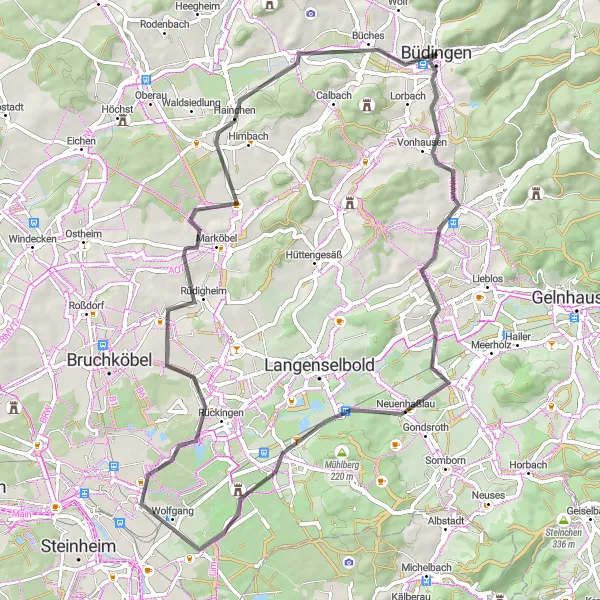 Map miniature of "The Büdingen Loop" cycling inspiration in Darmstadt, Germany. Generated by Tarmacs.app cycling route planner