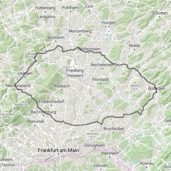 Map miniature of "Büdingen Loop" cycling inspiration in Darmstadt, Germany. Generated by Tarmacs.app cycling route planner