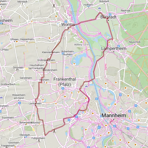 Map miniature of "Scenic Gravel Ride" cycling inspiration in Darmstadt, Germany. Generated by Tarmacs.app cycling route planner