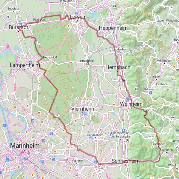 Map miniature of "Hills and Valleys" cycling inspiration in Darmstadt, Germany. Generated by Tarmacs.app cycling route planner