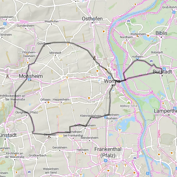 Karten-Miniaturansicht der Radinspiration "Rund um Bürstadt und die Nibelungensage" in Darmstadt, Germany. Erstellt vom Tarmacs.app-Routenplaner für Radtouren