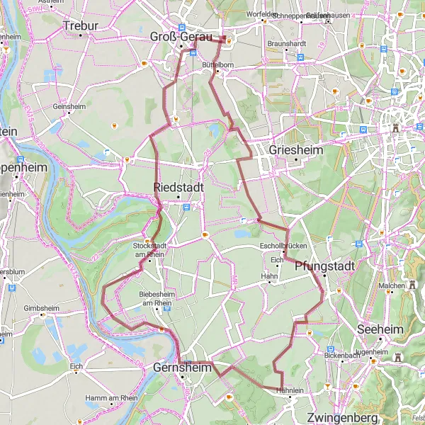 Map miniature of "Gravel Adventure through Vineyards" cycling inspiration in Darmstadt, Germany. Generated by Tarmacs.app cycling route planner