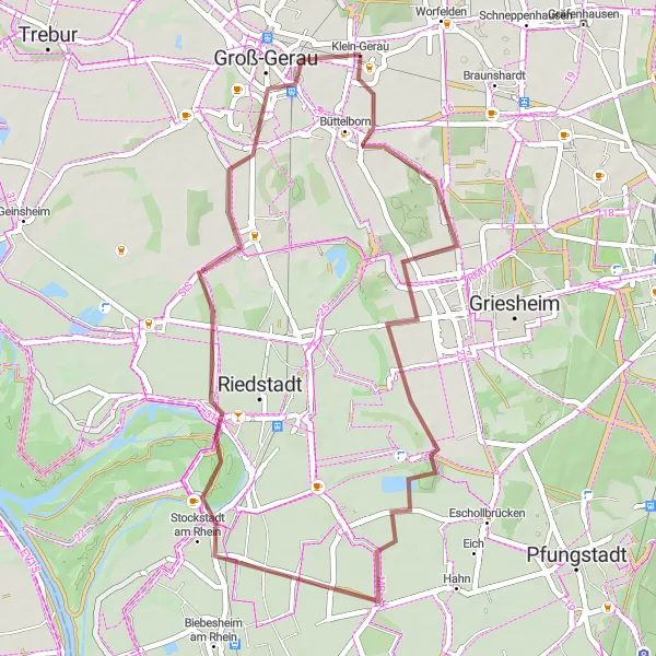 Map miniature of "Groß-Gerau Adventure" cycling inspiration in Darmstadt, Germany. Generated by Tarmacs.app cycling route planner