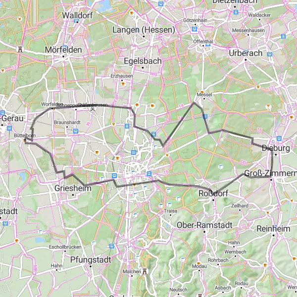 Map miniature of "Country Roads and Historic Towns" cycling inspiration in Darmstadt, Germany. Generated by Tarmacs.app cycling route planner