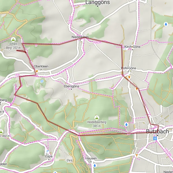 Map miniature of "Butzbach to Cleebaum via Pohl-Göns" cycling inspiration in Darmstadt, Germany. Generated by Tarmacs.app cycling route planner