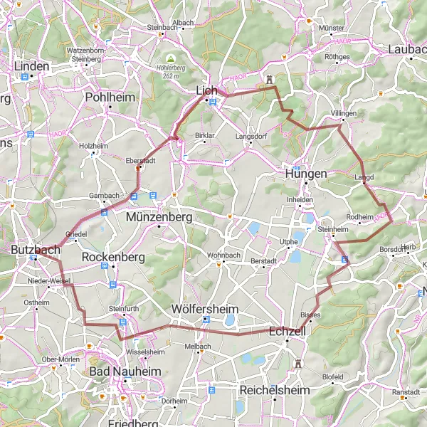 Map miniature of "Butzbach to Langd via Kloster Arnsburg" cycling inspiration in Darmstadt, Germany. Generated by Tarmacs.app cycling route planner