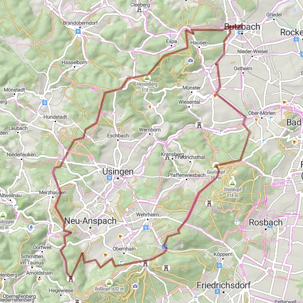 Map miniature of "The Wintersteinturm Gravel Adventure" cycling inspiration in Darmstadt, Germany. Generated by Tarmacs.app cycling route planner