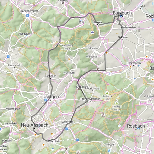 Map miniature of "The Langenhain-Ziegenberg Loop" cycling inspiration in Darmstadt, Germany. Generated by Tarmacs.app cycling route planner