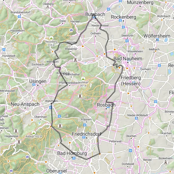 Map miniature of "The Ober-Mörlen Loop" cycling inspiration in Darmstadt, Germany. Generated by Tarmacs.app cycling route planner