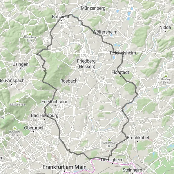 Map miniature of "Rockenberg to Bad Homburg via Seckbacher Ried" cycling inspiration in Darmstadt, Germany. Generated by Tarmacs.app cycling route planner