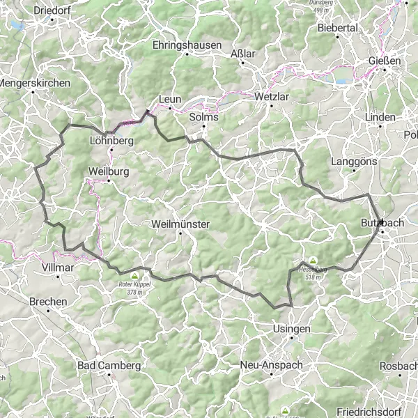 Map miniature of "Challenging Road Cycling Route to Heinzenberg" cycling inspiration in Darmstadt, Germany. Generated by Tarmacs.app cycling route planner