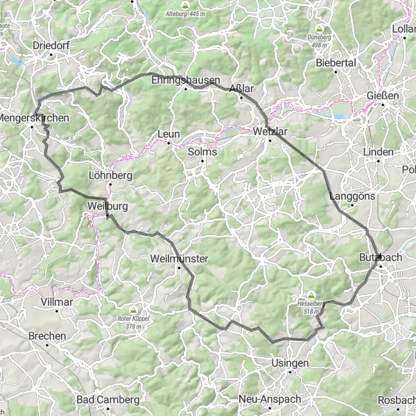 Karten-Miniaturansicht der Radinspiration "Rundfahrt von Butzbach nach Wetzlar" in Darmstadt, Germany. Erstellt vom Tarmacs.app-Routenplaner für Radtouren