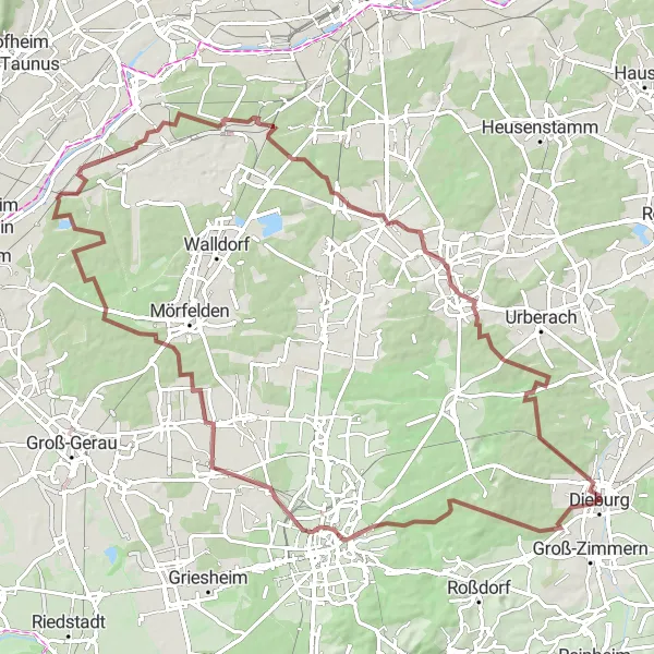 Map miniature of "Dieburg Gravel Adventure" cycling inspiration in Darmstadt, Germany. Generated by Tarmacs.app cycling route planner