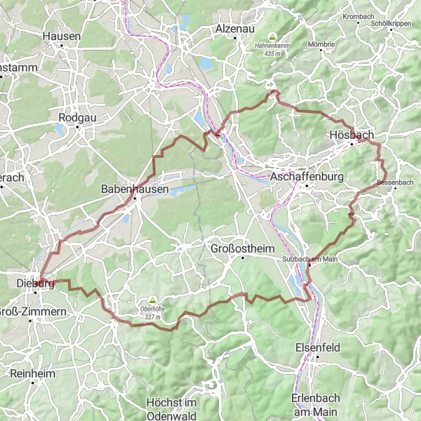 Map miniature of "Dieburg to Münster (Hessen) Round-Trip" cycling inspiration in Darmstadt, Germany. Generated by Tarmacs.app cycling route planner