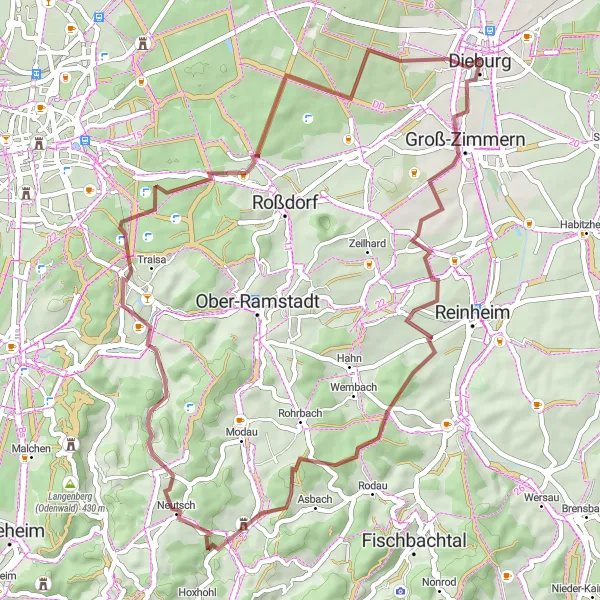 Map miniature of "Groß-Zimmern to Dieburg Gravel Adventure" cycling inspiration in Darmstadt, Germany. Generated by Tarmacs.app cycling route planner