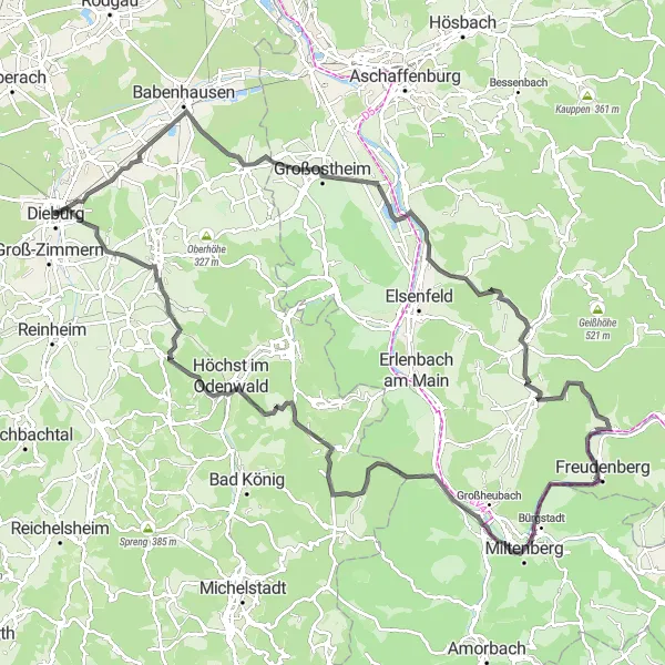 Map miniature of "Dieburg - Schaafheim - Kleinwallstadt - Heinchsthöhe - Panoramablick - Collenberg - Miltenberg - Plattform - Schloss Laudenbach - Riedelberg - Wiebelsbach - Dieburg Loop" cycling inspiration in Darmstadt, Germany. Generated by Tarmacs.app cycling route planner