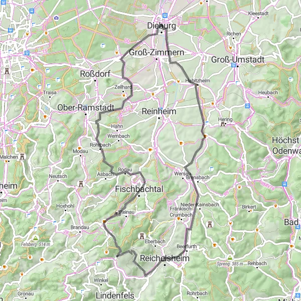 Map miniature of "Dieburg - Ober-Klingen - Reichenberg - Klein-Gumpen - Fischbachtal - Riedberg - Gundernhausen Loop" cycling inspiration in Darmstadt, Germany. Generated by Tarmacs.app cycling route planner