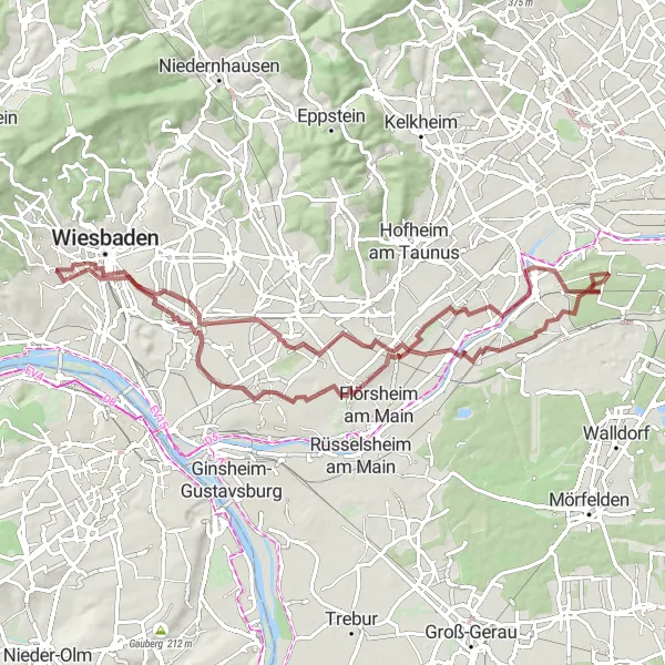 Karten-Miniaturansicht der Radinspiration "Gravel Route um Wiesbaden" in Darmstadt, Germany. Erstellt vom Tarmacs.app-Routenplaner für Radtouren