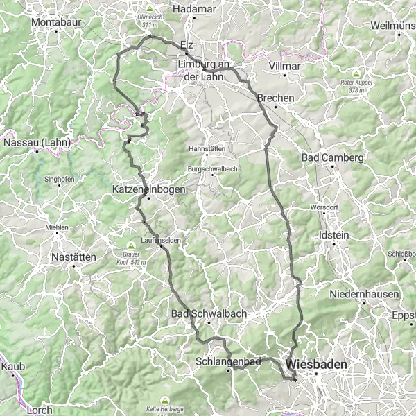 Map miniature of "Dotzheim Scenic Road Tour" cycling inspiration in Darmstadt, Germany. Generated by Tarmacs.app cycling route planner