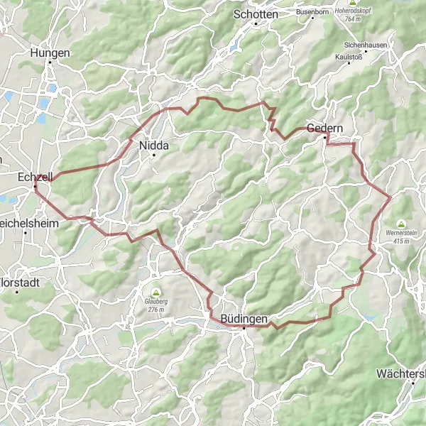 Map miniature of "Gedern Gravel Adventure" cycling inspiration in Darmstadt, Germany. Generated by Tarmacs.app cycling route planner