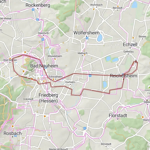 Map miniature of "Echzell - Bingenheim Gravel Adventure" cycling inspiration in Darmstadt, Germany. Generated by Tarmacs.app cycling route planner