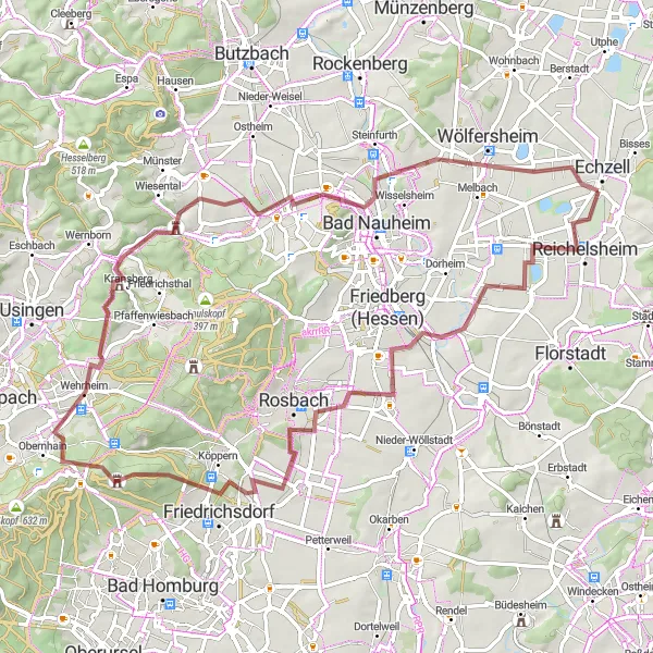 Map miniature of "Friedrichsdorf - Echzell Loop" cycling inspiration in Darmstadt, Germany. Generated by Tarmacs.app cycling route planner
