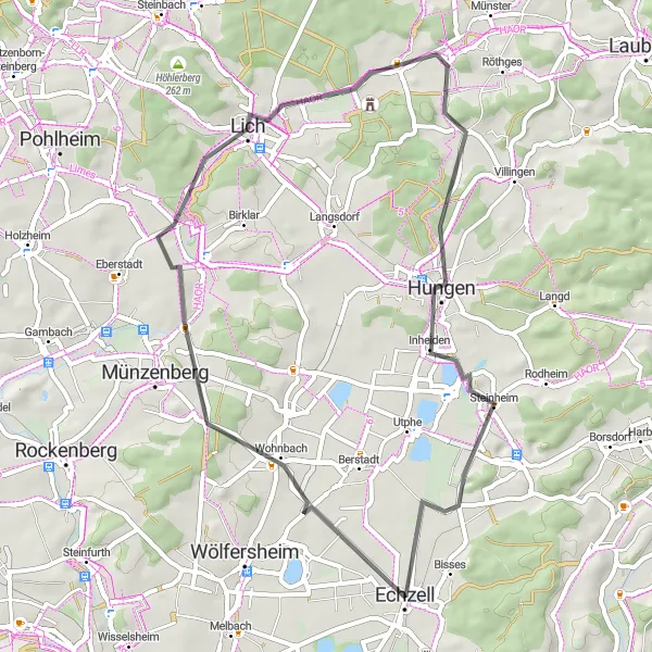 Karten-Miniaturansicht der Radinspiration "Road tour to Hungen and beyond" in Darmstadt, Germany. Erstellt vom Tarmacs.app-Routenplaner für Radtouren
