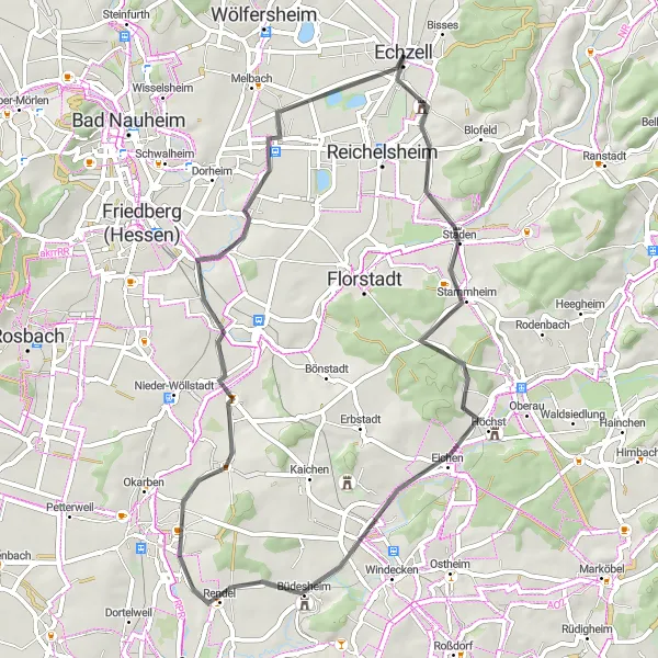 Map miniature of "Bingenheim - Beienheim Loop" cycling inspiration in Darmstadt, Germany. Generated by Tarmacs.app cycling route planner