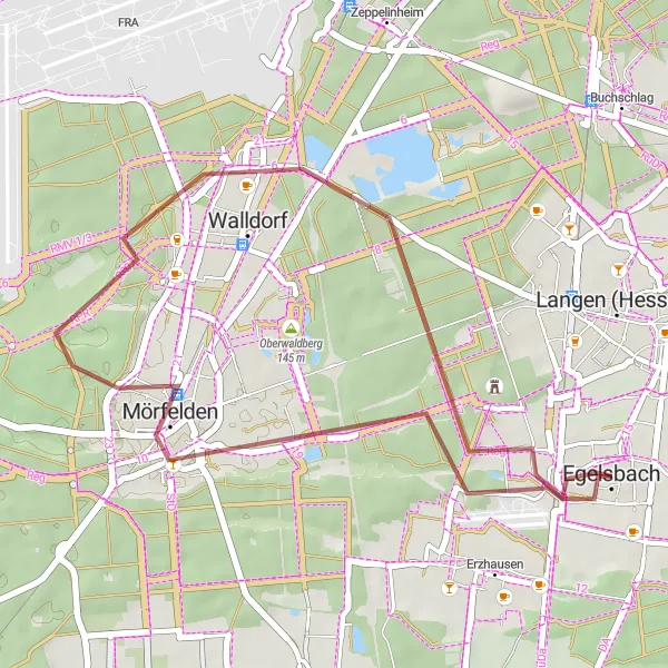 Map miniature of "Mörfelden Loop" cycling inspiration in Darmstadt, Germany. Generated by Tarmacs.app cycling route planner