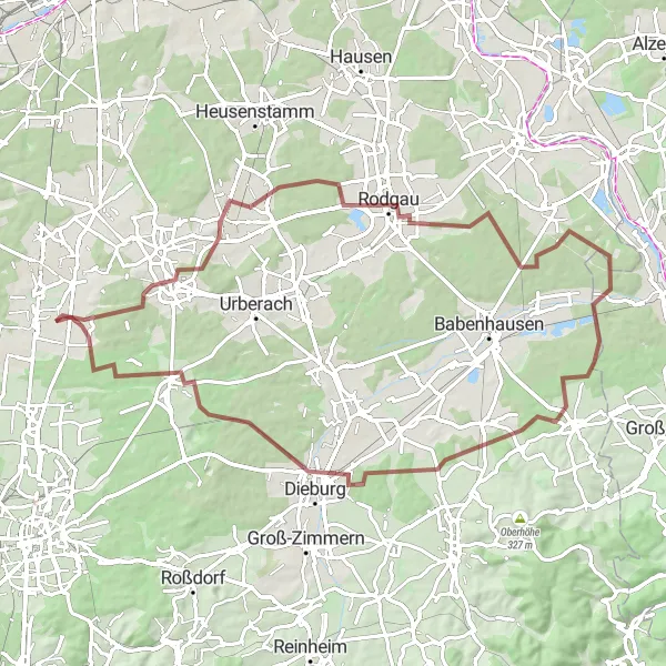 Map miniature of "Exploring Rodgau" cycling inspiration in Darmstadt, Germany. Generated by Tarmacs.app cycling route planner