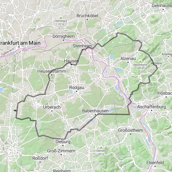 Map miniature of "Hills and History" cycling inspiration in Darmstadt, Germany. Generated by Tarmacs.app cycling route planner