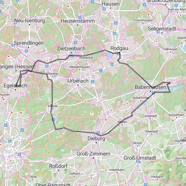Map miniature of "Rural Escape" cycling inspiration in Darmstadt, Germany. Generated by Tarmacs.app cycling route planner