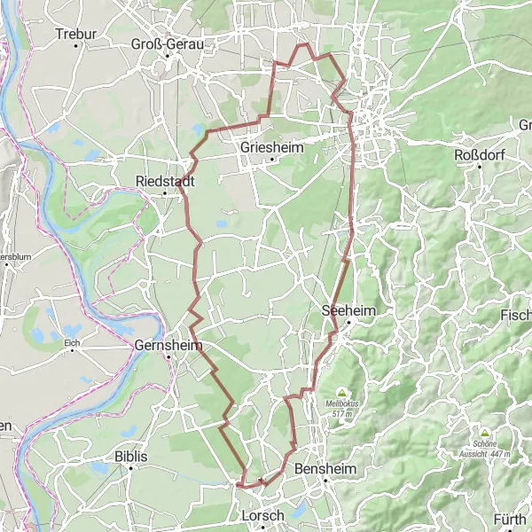 Map miniature of "Langwaden - Renaturierung Weschnitz in Lorsch Loop" cycling inspiration in Darmstadt, Germany. Generated by Tarmacs.app cycling route planner