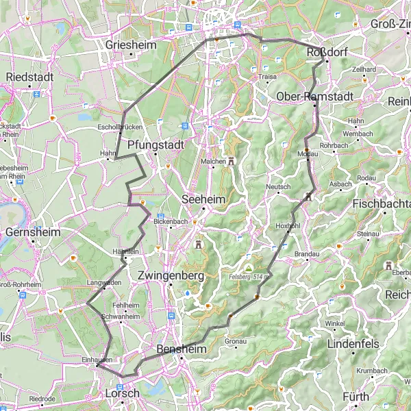 Karten-Miniaturansicht der Radinspiration "Rund um Darmstadt" in Darmstadt, Germany. Erstellt vom Tarmacs.app-Routenplaner für Radtouren