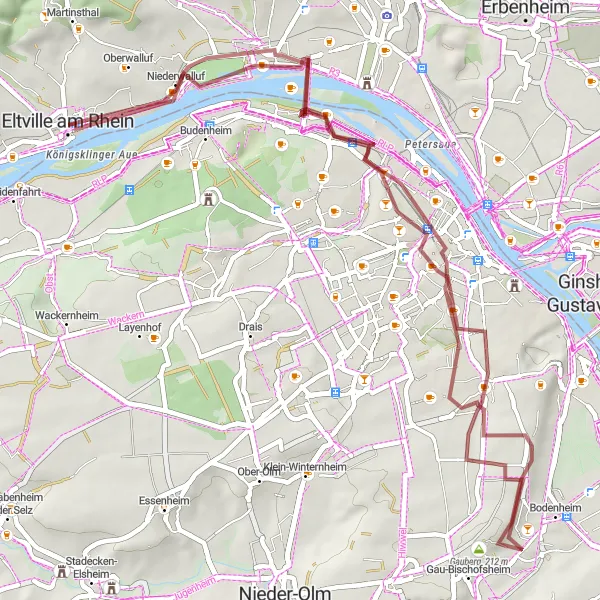 Map miniature of "The Gravel Adventure through Mombach and Rettbergsaue" cycling inspiration in Darmstadt, Germany. Generated by Tarmacs.app cycling route planner