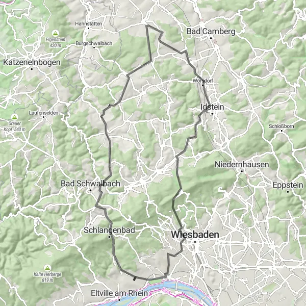 Map miniature of "Road Cycling Loop: Eltville to Idstein" cycling inspiration in Darmstadt, Germany. Generated by Tarmacs.app cycling route planner