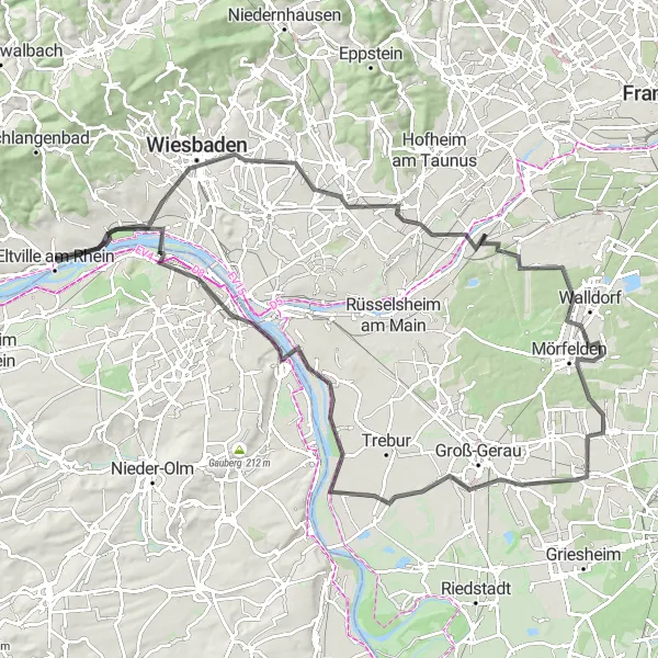 Map miniature of "Wiesbaden Adventure Road Cycling Route" cycling inspiration in Darmstadt, Germany. Generated by Tarmacs.app cycling route planner