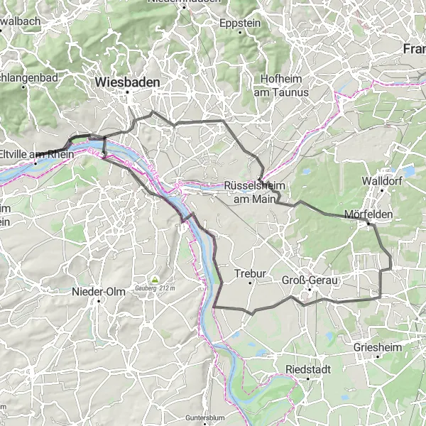 Map miniature of "The Mainz Loop" cycling inspiration in Darmstadt, Germany. Generated by Tarmacs.app cycling route planner