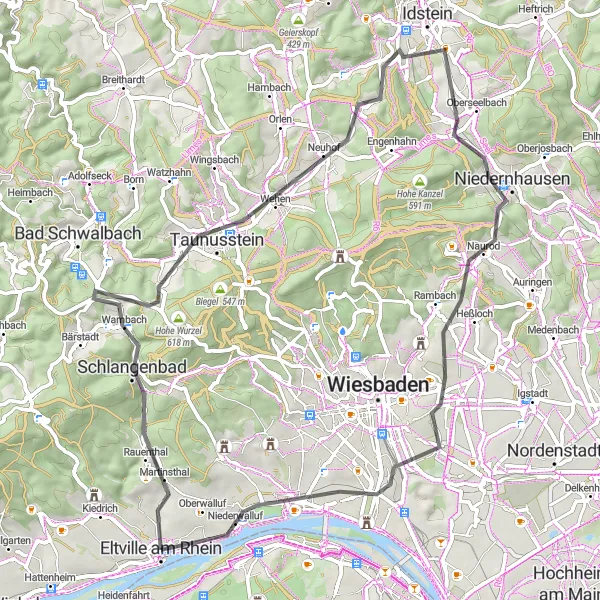 Map miniature of "The Taunus Adventure" cycling inspiration in Darmstadt, Germany. Generated by Tarmacs.app cycling route planner