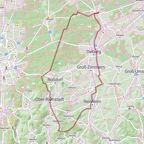 Map miniature of "Dieburg to Eppertshausen Gravel Ride" cycling inspiration in Darmstadt, Germany. Generated by Tarmacs.app cycling route planner