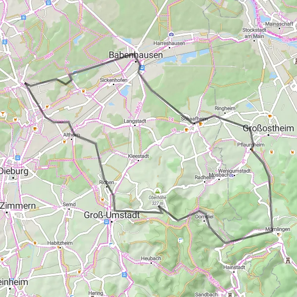 Map miniature of "Historical Castles and Scenic Villages" cycling inspiration in Darmstadt, Germany. Generated by Tarmacs.app cycling route planner