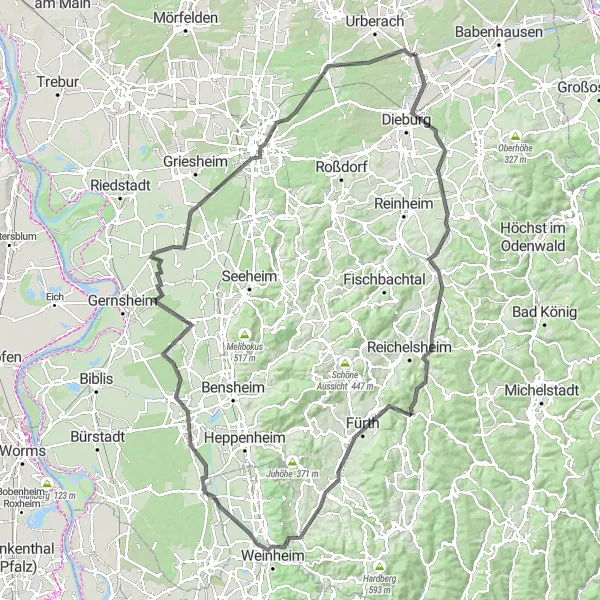 Map miniature of "Dieburg-Lorsch Abbey Adventure" cycling inspiration in Darmstadt, Germany. Generated by Tarmacs.app cycling route planner