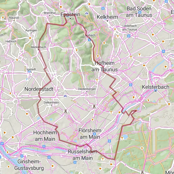 Map miniature of "Hidden Gems Gravel Ride" cycling inspiration in Darmstadt, Germany. Generated by Tarmacs.app cycling route planner