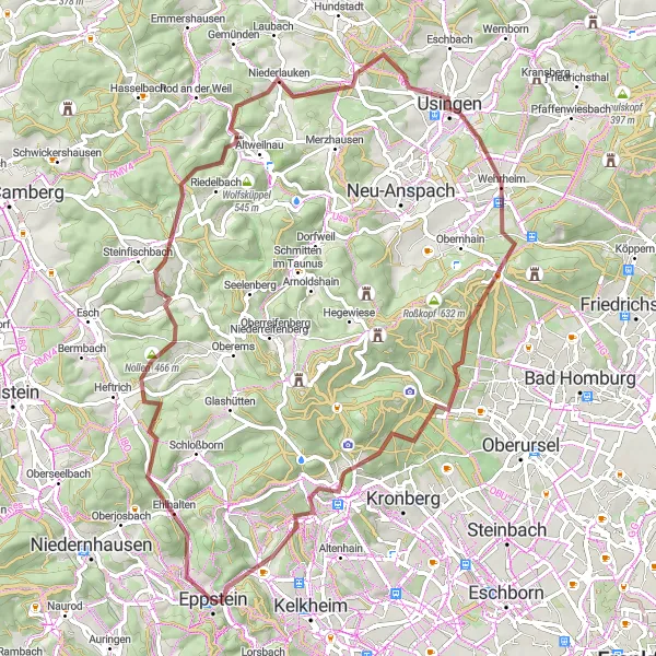 Map miniature of "Taunus Mountain Challenge" cycling inspiration in Darmstadt, Germany. Generated by Tarmacs.app cycling route planner