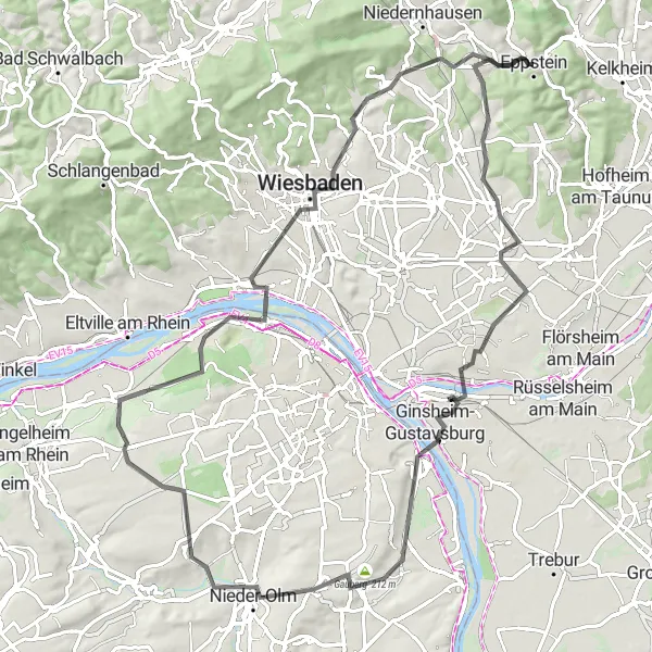 Map miniature of "Wiesbaden Circuit" cycling inspiration in Darmstadt, Germany. Generated by Tarmacs.app cycling route planner